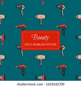 Beauty seamless pattern with hair dryer. Cartoon style. Vector illustration