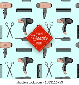 Beauty seamless pattern with Hairdressing Supplies. Cartoon style. Vector illustration