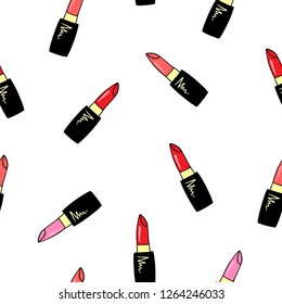 Beauty seamless pattern with hand drawn lipstick. Сolorful lipsticks- red, coral and rose or pink. Fashion background, modern illustration for print, t-shirt, poster, fabric, vintage, brochure.
