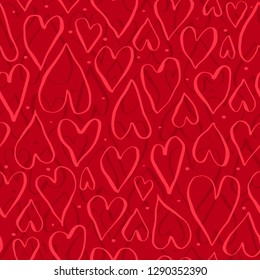 Beauty Seamless pattern with hand drawn red hearts. Doodle hearts on dark red background. Ready template for design, postcards, print, poster, party, Valentine's day, vintage textile. Vector.