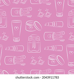 beauty seamless pattern with make up accessories on a pink background