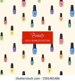 Beauty seamless pattern with nail polish. Cartoon style. Vector illustration