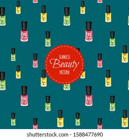 Beauty seamless pattern with nail polish. Cartoon style. Vector illustration