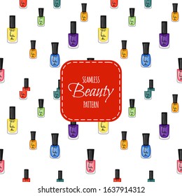 Beauty seamless pattern with nail polish. Cartoon style. Vector illustration