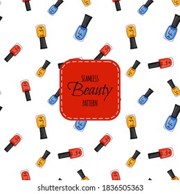 Beauty seamless pattern with nail polish. Cartoon style. Vector illustration