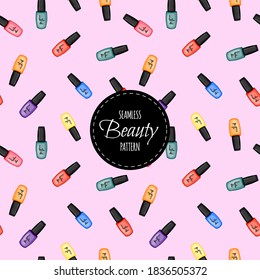 Patrón de belleza sin fisuras con esmalte de uñas. Estilo de caricatura. Ilustración del vector