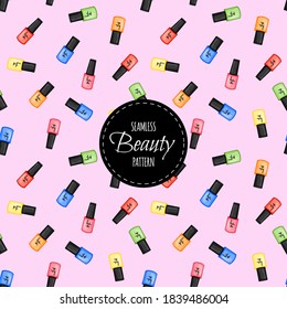 Beauty seamless pattern with nail polish. Cartoon style. Vector illustration