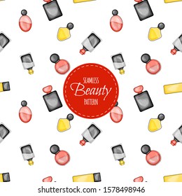 Beauty seamless pattern with perfume. Cartoon style. Vector illustration