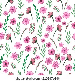 beauty seamless pattern with pink flower and green leaf. hand drawn vector. flower with leaf illustration on white background. doodle art for wallpaper, wrapping paper and gift, fabric, textile. 