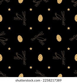 Beauty seamless pattern with rabbits, eggs and stars on the black background. Gold elements. Design for easter, egg hunt. Funny vector illustration for holidays.