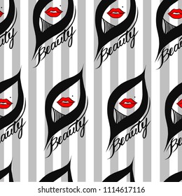 Beauty seamless pattern with stripes and abstract woman face with black hair and red lips. Vector background.