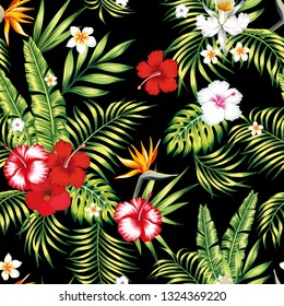 Beauty seamless realistic vector botanical pattern from hibiscus, plumeria, orchid, bird of paradise flowers and palm, banana, monstera leaves on the black background