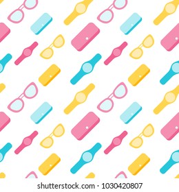Beauty seamless texture with clocks wallets and sunglasses minimalistic style fashion color template for mobile app fabric print wallpapers banners flyers cover postcard greeting cards high quality.