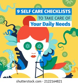Beauty and self care checklists for female daily needs, spa and relax for body and face. Mask and moisturizing of skin, hair treatment and healthy. Wellness and sports for woman. Vector in flat