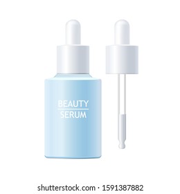 Beauty Serum Bottle. Vector Realistic Blue Plastic Skin Essence Packaging With White Dropper. Treatment Skin Care Product Template. 3D Mockup For  Ad And Branding.