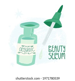 Beauty serum in glass bottle with a pipette-cap. An organic liquid emulsion for the face skincare. Clean beauty concept. Cute cartoon icon, label design on textured background with stars.