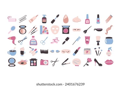 Beauty service big set. Cosmetic bag, cream, makeup, nail polish, foundation, spa salon, comb, manicure, pedicure, eyebrow tinting. Beauty care items in spa salon. Vector isolated on white background