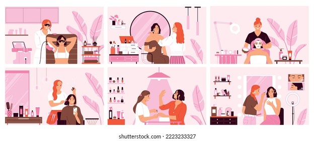 Beauty service color set with hairstyle and manicure flat isolated vector illustration