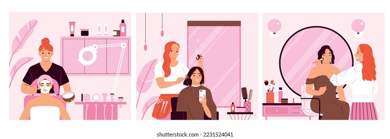 Beauty service compositions set with hairstyle and makeup flat isolated vector illustration