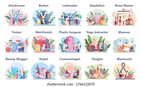 Beauty service and profession set. Beauty salon procedure. Masseur, manicurist, visagist, waxing and brow master. Barber and hairdresser, lashmaker and cosmetologist. Isolated vector illustration