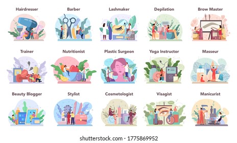 Beauty service and profession set. Beauty salon procedure. Masseur, manicurist, visagist, waxing and brow master. Barber and hairdresser, lashmaker and cosmetologist. Isolated vector illustration