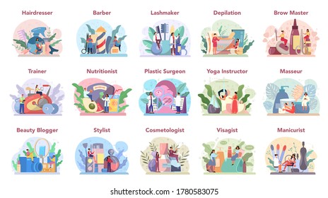 Beauty service and profession set. Beauty salon procedure. Masseur, manicurist, visagist, waxing and brow master. Barber and hairdresser, lashmaker and cosmetologist. Isolated vector illustration