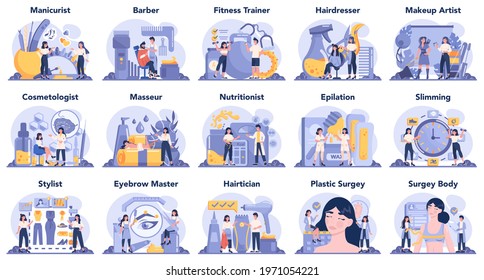 Beauty service and profession set. Beauty salon procedure. Masseur, manicurist, visagist, waxing and brow master. Barber and hairdresser, lashmaker and cosmetologist. Isolated vector illustration