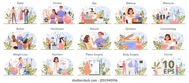 Beauty service and profession set. Beauty salon procedure. Manicurist, visagist, epilation and spa master. Barber and hairdresser, browist and cosmetologist. Isolated vector illustration