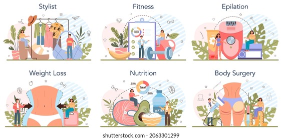 Beauty service and profession set. Beauty salon procedure. Stylist, nutritionist, fitness trainer, epilation and body surgery master. Isolated vector illustration