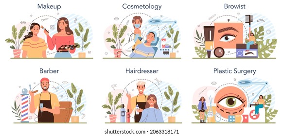 Beauty service and profession set. Beauty salon procedure. Barber and hairdresser, visagist, browist and cosmetologist. Plastic surgeon. Isolated vector illustration