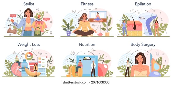 Beauty service and profession set. Beauty salon procedure. Stylist, nutritionist, fitness trainer, epilation and body surgery master. Isolated vector illustration