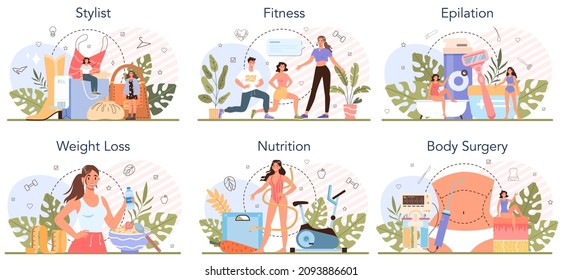 Beauty service and profession set. Beauty salon procedure. Stylist, nutritionist, fitness trainer, epilation and body surgery master. Isolated vector illustration