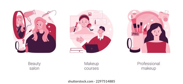 Beauty services abstract concept vector illustration set. Beauty salon, makeup course, professional cosmetics masterclass, nail studio, hair stylist, online workshop, skin treatment abstract metaphor.