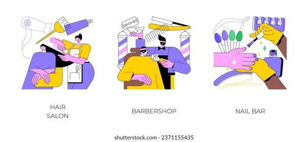 Beauty services abstract concept vector illustration set. Hair salon, barbershop, nail bar, beauty salon, beard shaving, moustache trimming, nail polish, french manicure, pedicure abstract metaphor.