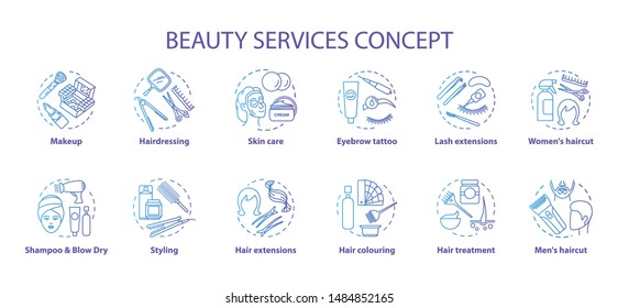 Beauty services concept icons set. Beauty salon, SPA skin care procedures idea thin line illustrations. Hairdresser and makeup. Blue gradient vector isolated outline drawings. Editable stroke