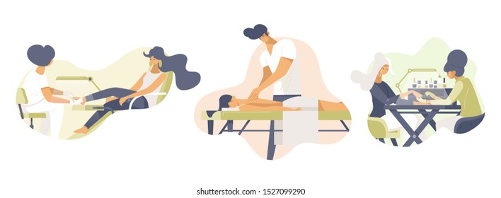 Beauty services flat vector illustrations set. Spa salon employees and customers cartoon characters. Professional pedicure, massage and manicure, skin care procedures isolated on white background