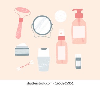 Beauty set of facial cosmetics. Cleansing gel, cotton buds, spray, tonic, cream, massager, mirror. Vector isolated illustration.