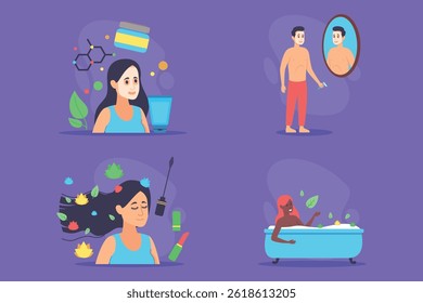 Beauty set featuring skincare, hair care, and wellness activities. Self-care, relaxation and rejuvenation concept