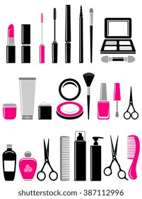 beauty set of glossy cosmetics icon on white background