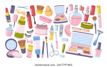 Beauty set with hand drawn skincare supplies, cosmetics, makeup products, perfumes and nail varnish