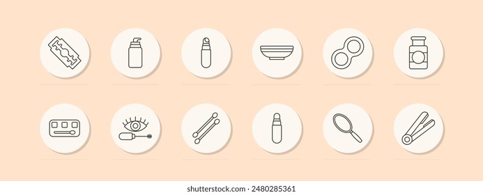 Beauty set icon. Razor, bottle, roller, bowl, contact lens case, cream, eyeshadow, mascara, cotton swabs, mirror, hair straightener. Makeup, cosmetics, skincare concept. Vector line icons