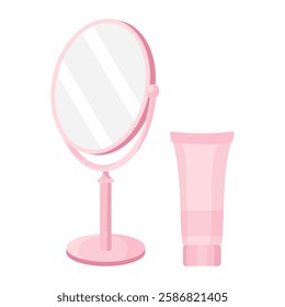 Beauty set icon. Round mirror with stand and cosmetic tube. Skincare and makeup essentials for daily grooming