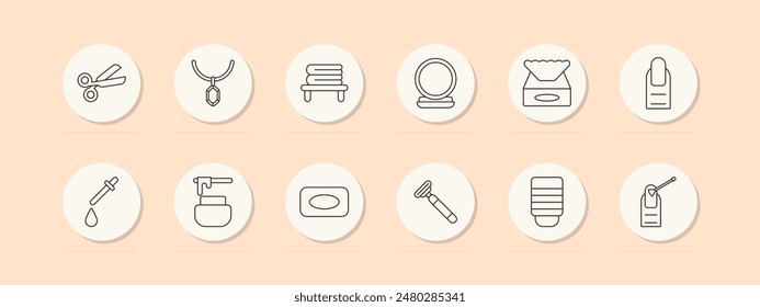 Beauty set icon. Scissors, necklace, towel, mirror, tissues, nail polish, dropper. Grooming, cosmetics, self-care concept. Vector line icons on beige background.