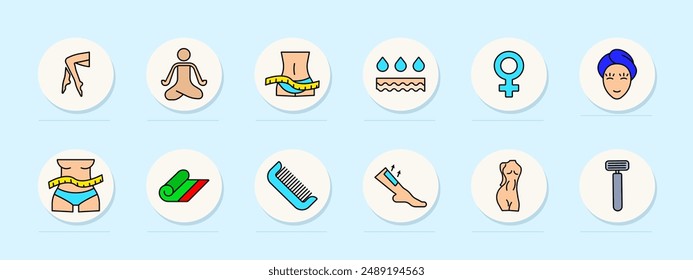 Beauty set icon. Shaving leg, yoga pose, measuring waist, hydration, female symbol, head wrap, measuring hips, yoga mat, comb, leg shaving, body, razor, skincare, fitness, self-care, beauty routine.