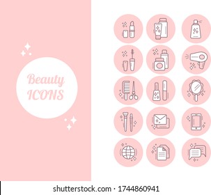 Beauty set icons for blog, site, page of a social network. the palette of pink and white colours. a good chose for beauty shop, barbershop, hairdressing salon and cosmetic companies. Playball font