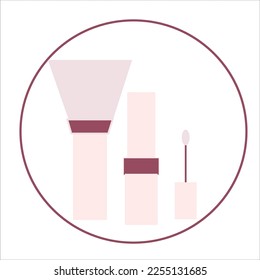  Beauty Set for make-up: lipstick, mascara brush, makeup brush and watercolor stain. Logo vector template illustration