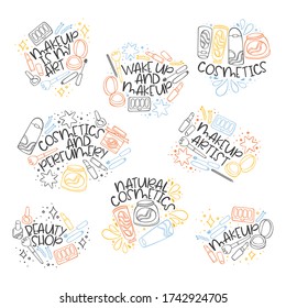 Beauty set stickers. Cosmetics and perfumery. Cosmetics. Creams. Lipstick, mascara, nail polish, lipstick. Perfume. Lettering. Isolated vector object on white background.