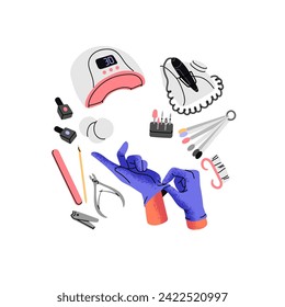 Beauty set, supplies for fingernail care: polish, clipper, cuticle nipper, file. Female equipments for hardware manicure: UV lamp, electric nail drill. Flat isolated vector illustration on white