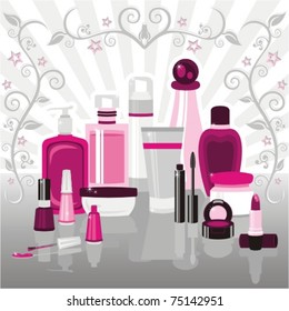 Beauty Set. A Beauty Set for women with essential items and products. Very feminine in pinkish colors, the cosmetic kit is displayed in a stylish background with cool ornaments and shiny stars.