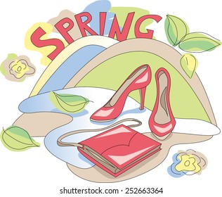 Beauty shoes and bag on floral background. Spring cute illustration. Colorful print. Vector shopping card. 